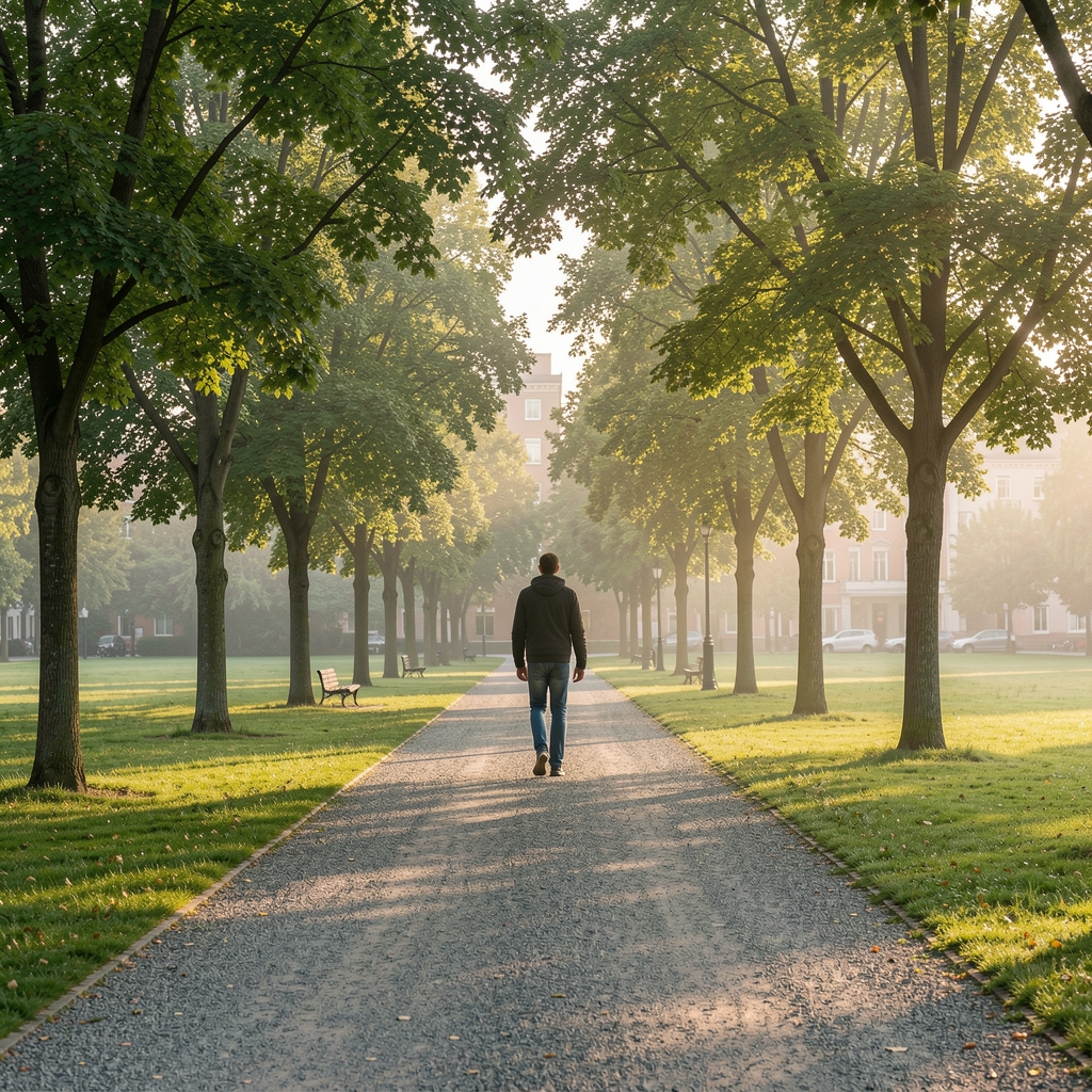 Early morning park scene with a solitary walker on a gravel path, trees in soft morning light, urban green space
